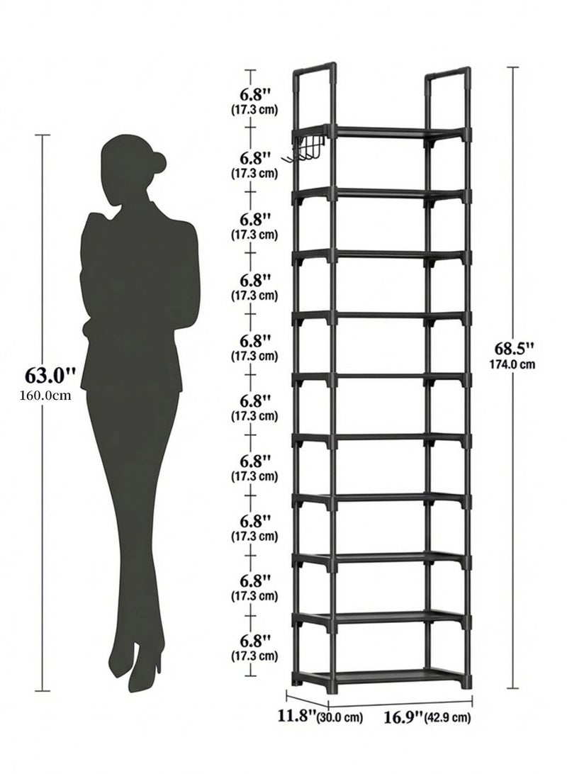 ZIMNEST Shoe Rack - 10-Tier Shoe Organizer with Detachable Fabric Shelves & Metal Frame, Tall Shoe Rack for Closet, Entrance, Living Room, 16.9" x 11.8" x 68.5", Black - Image 3